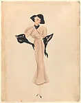 Drawing for a female theatrical costume with a lean, beige dress and black accessories — Vincente Minnelli