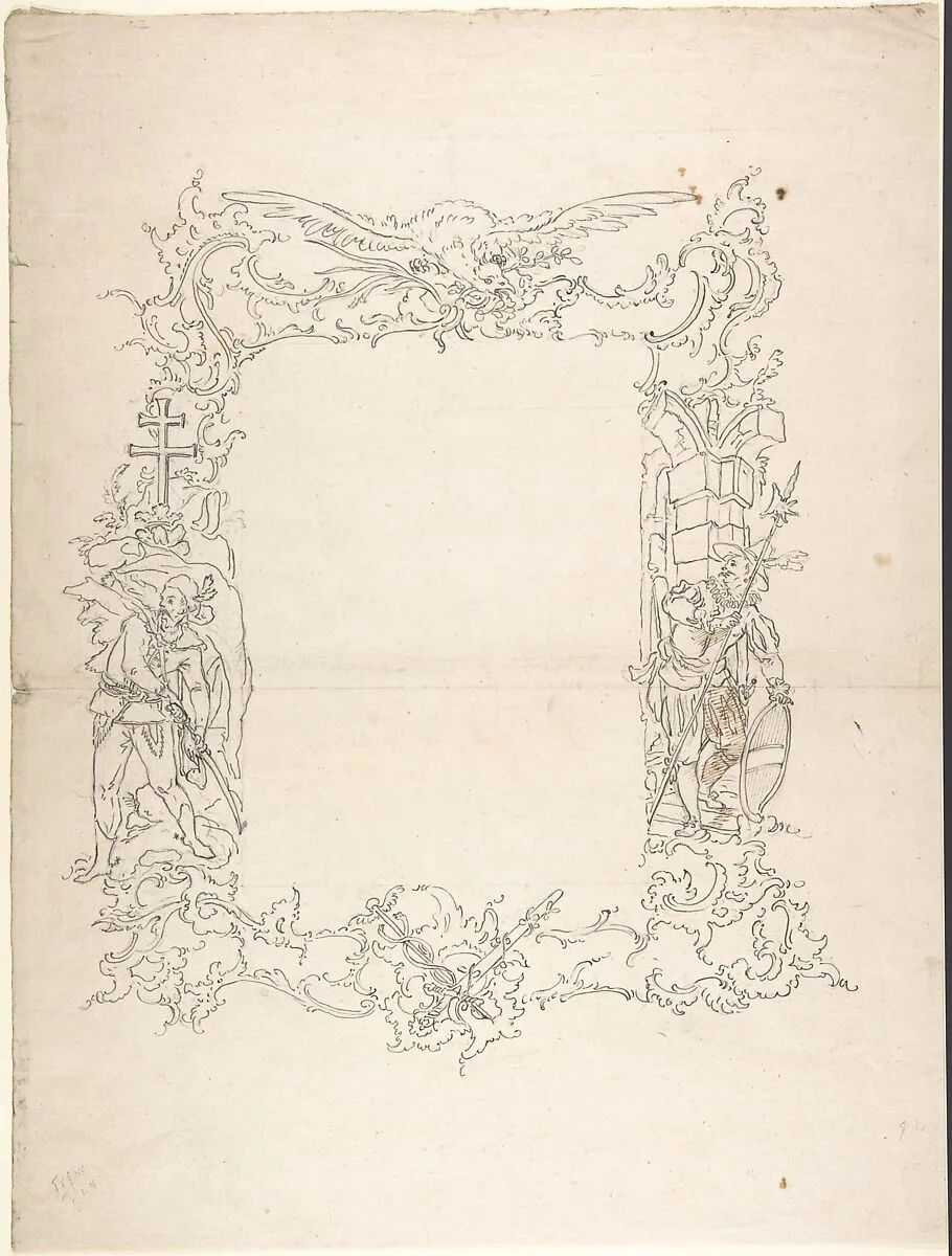 Ornamental frame with eagle and two figures — Anonymous, German, 18th century