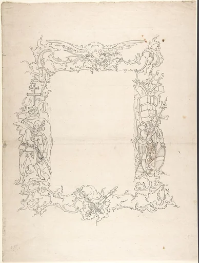 Ornamental frame with eagle and two figures