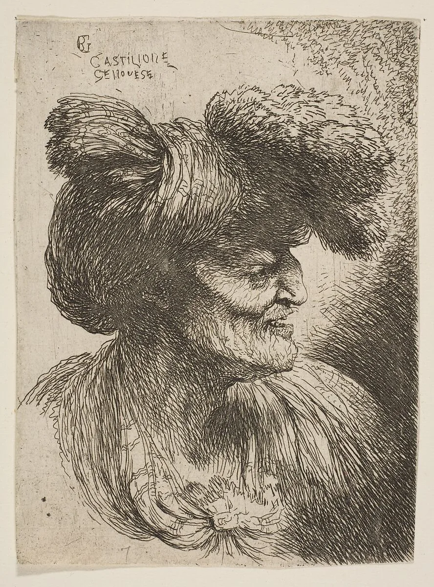 Bust of beardless old man in profile facing right, from "Small Heads in Oriental Headdress" — Giovanni Benedetto Castiglione (Il Grechetto)