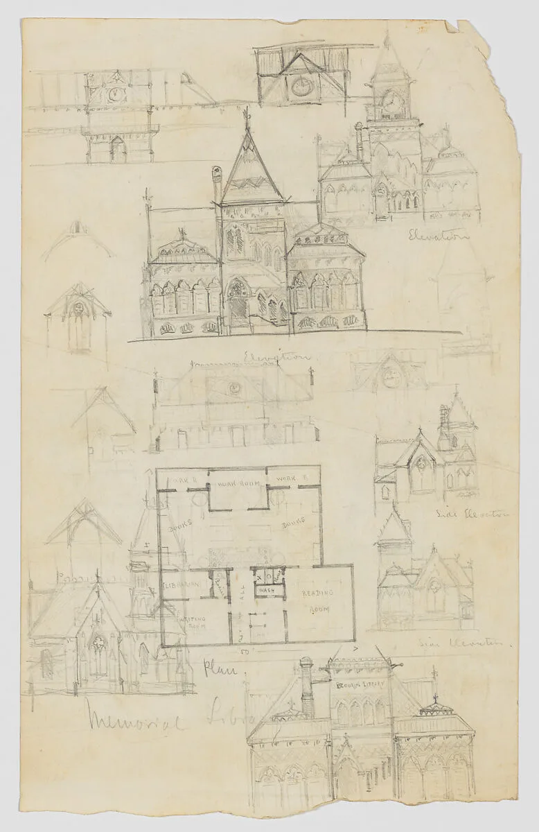 Design Sketches for a Memorial Library (recto and verso) (possibly the Winn Memorial Library, Woburn, Massachusetts) — Henry Hobson Richardson