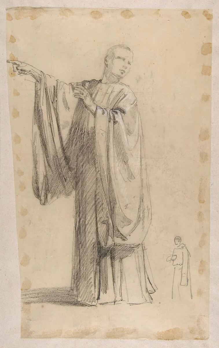 Cleric (lower register; study for wall paintings in the Chapel of Saint Remi, Sainte-Clotilde, Paris, 1858); black chalk landscape sketch on verso of support — Isidore Pils