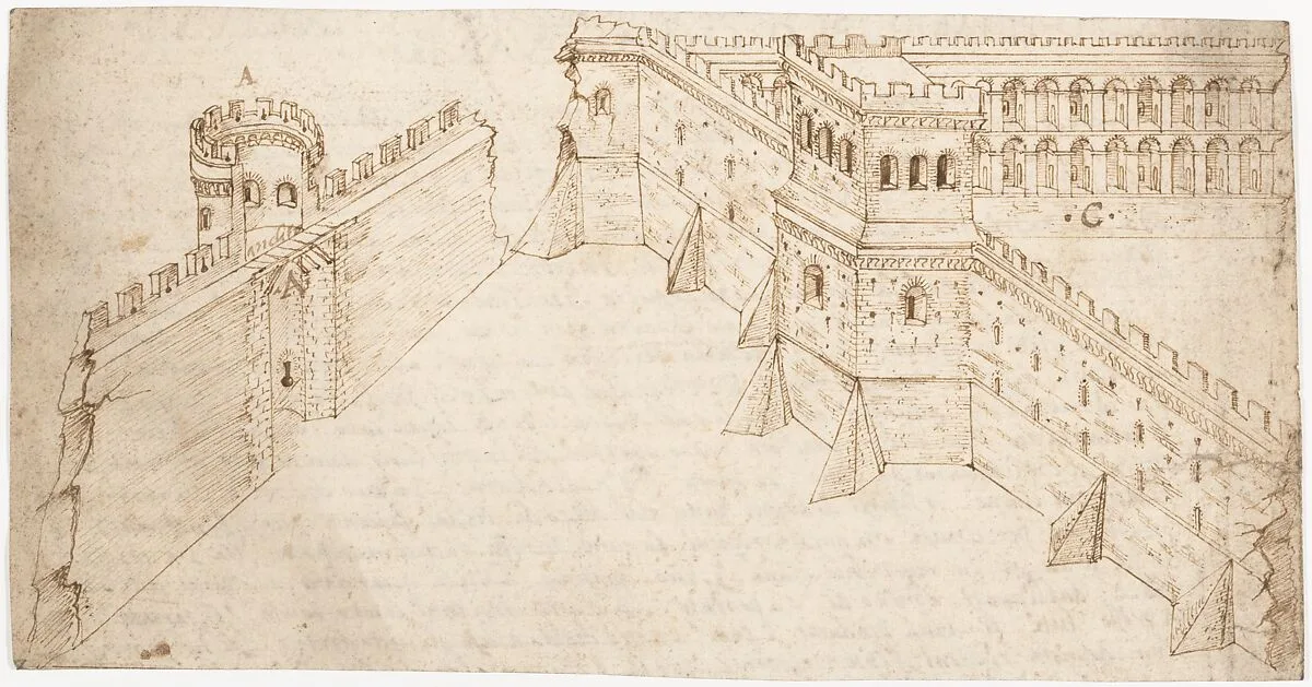 Recto: "Libro Primo, Chapo Quarto..." (Vitruvius, Book 1, Chapter 4); Verso: The Fortification of City Walls (Vitruvius, Book 1, Chapter 5). — Sangallo family|Marcus Pollio Vitruvius