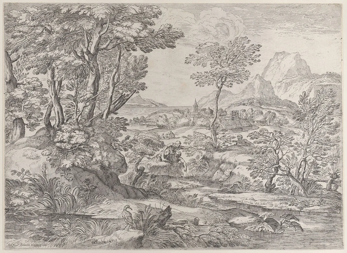 Three boys in a landscape with a town in the background — Giovanni Francesco Grimaldi