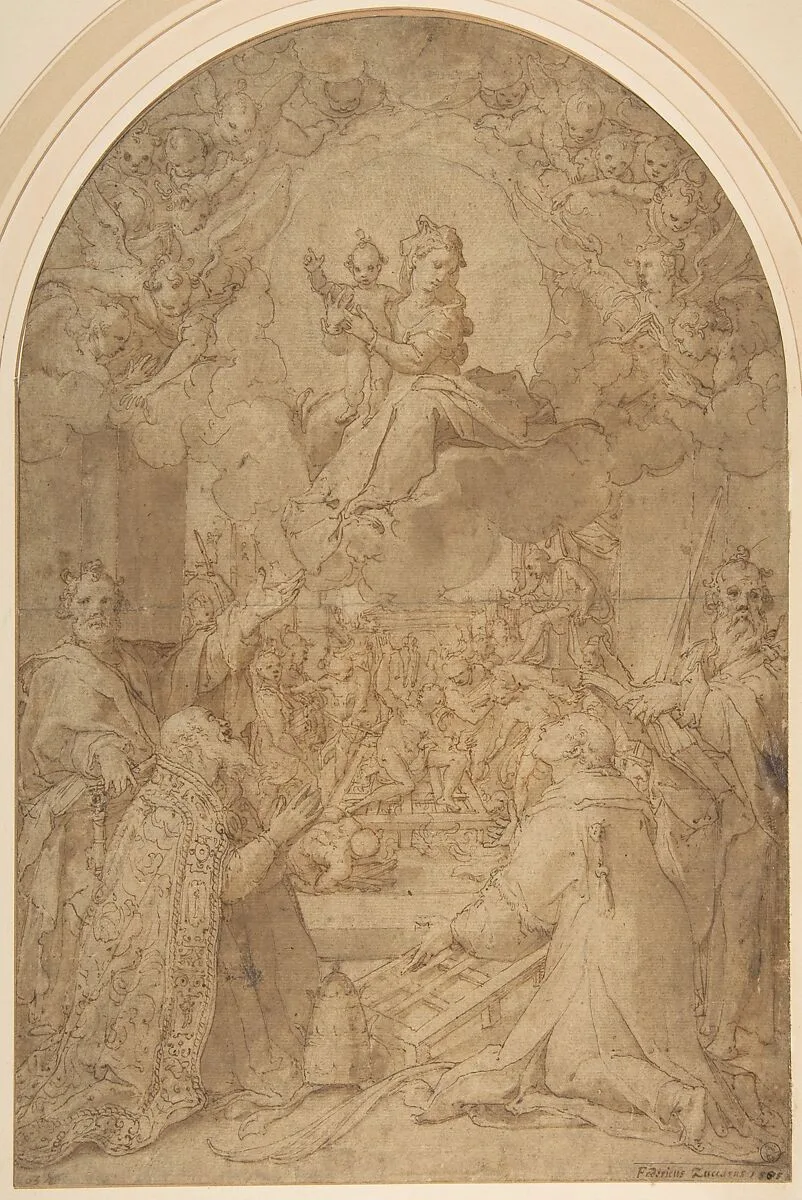 The Virgin and Child Appearing to Saint Peter, Saint Damasus, Saint Lawrence, and Saint Paul; the Martyrdom of Saint Lawrence in the Background — Federico Zuccaro (Zuccari)
