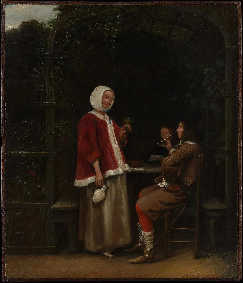 A Woman and Two Men in an Arbor — Pieter de Hooch