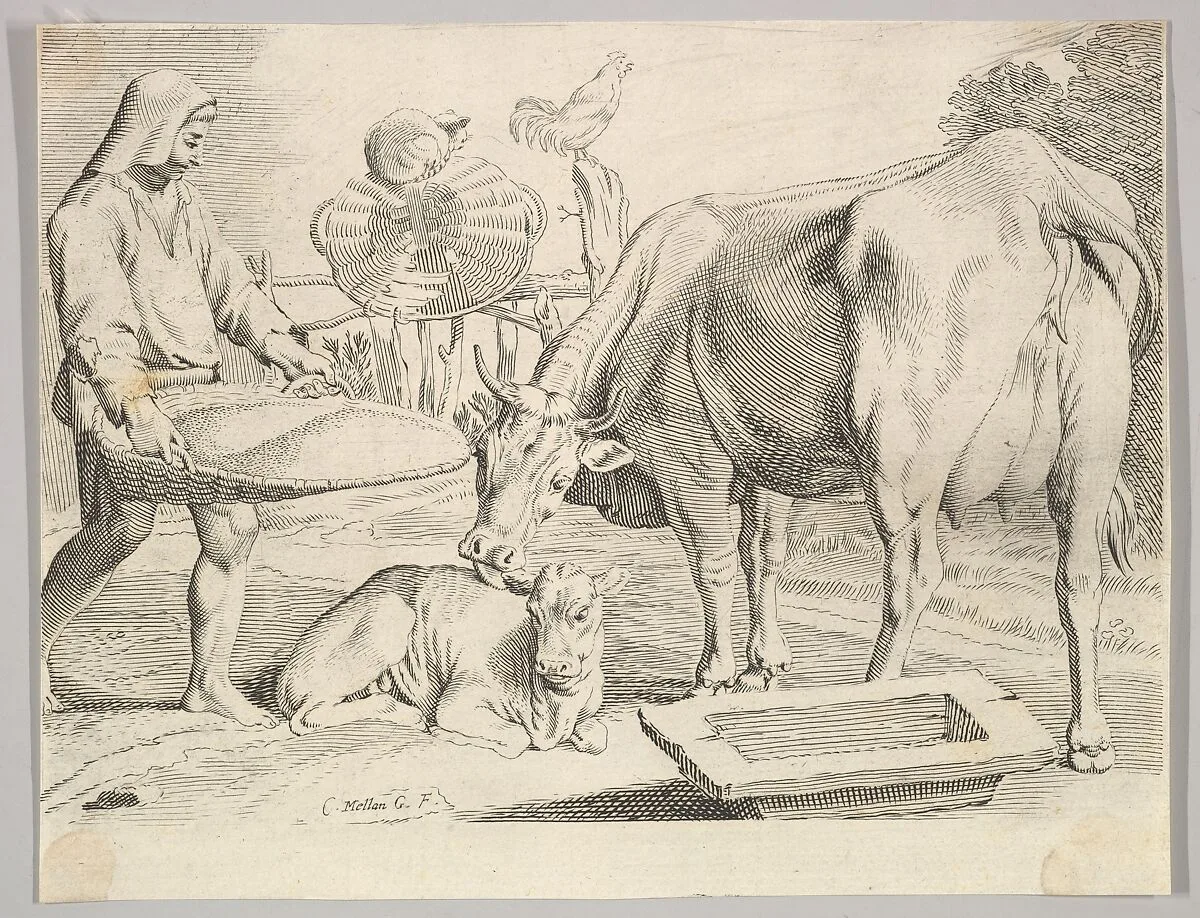 Country Scene with a Peasant, Cow and Calf — Claude Mellan