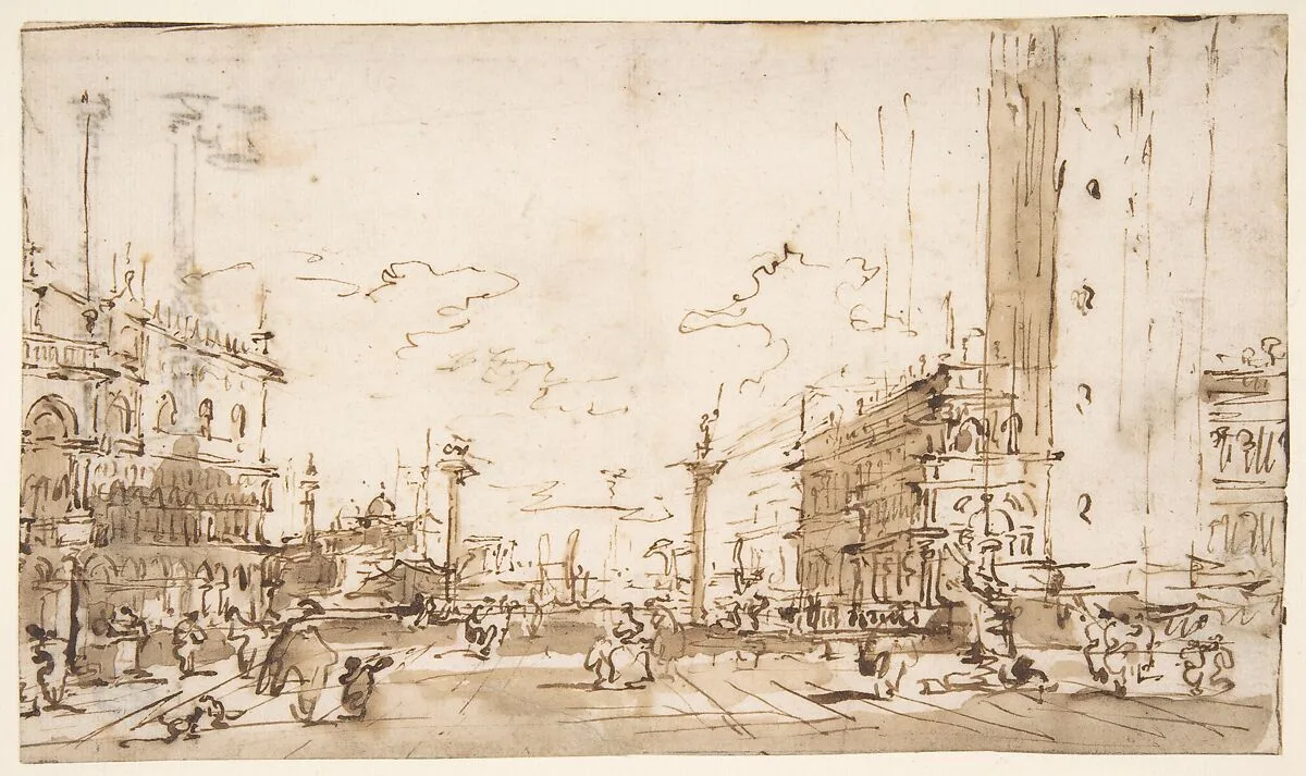 The Piazzetta, Looking Toward San Giorgio Maggiore (recto); Two Columns (verso) — Francesco Guardi