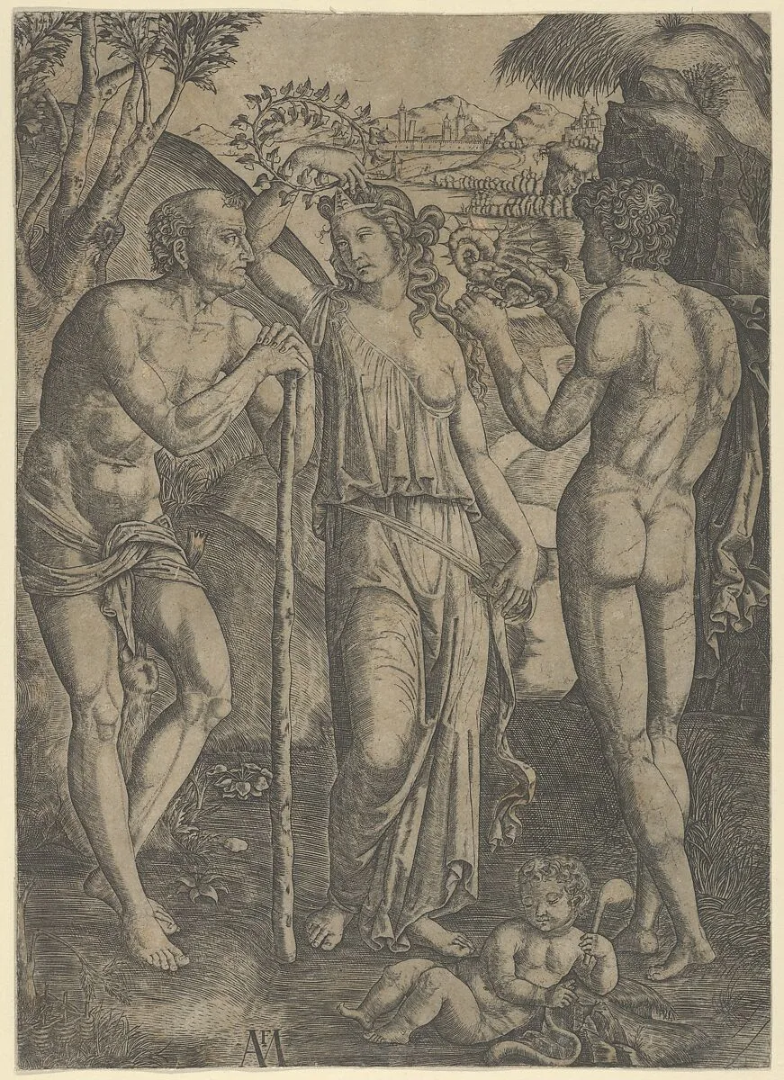 An allegorical scene; a young woman at centre holding a wreath above her head, at left is a old man leaning on a stick, a younger man at right who holds a small dragon — Marcantonio Raimondi