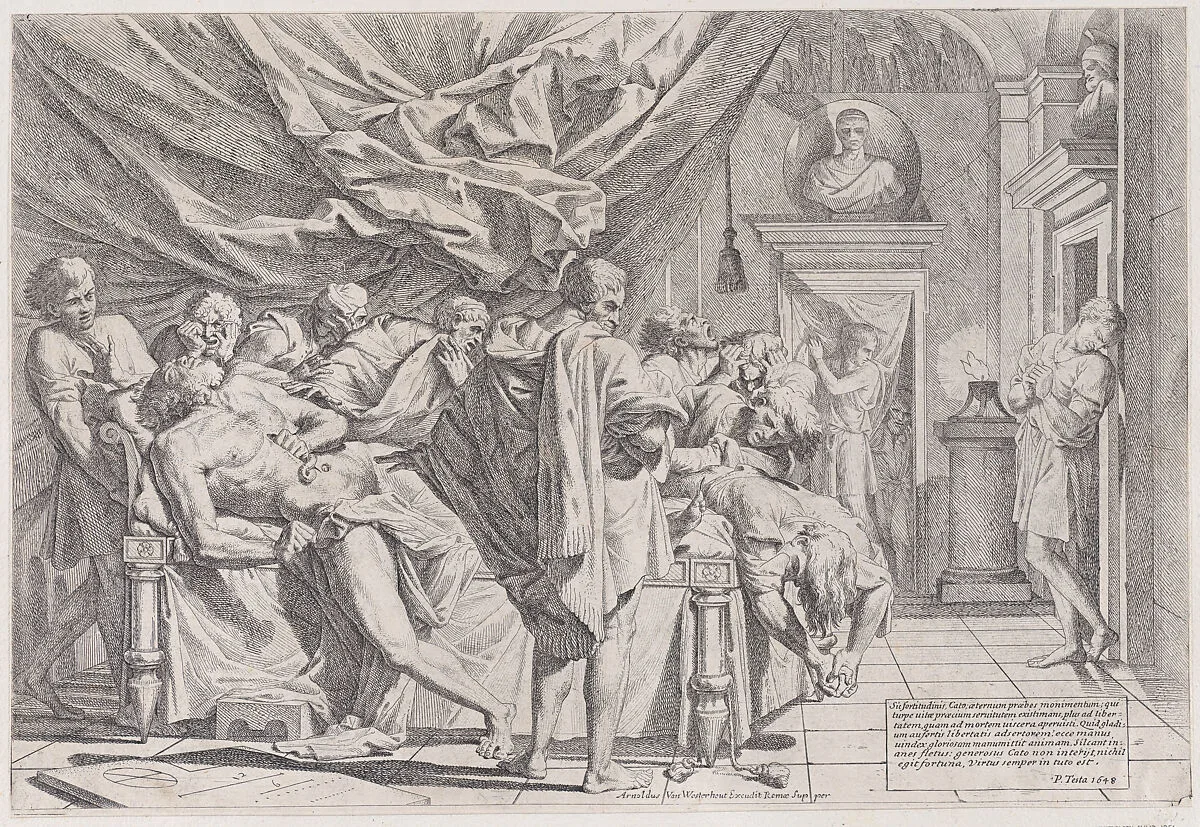 The suicide of the philosopher Cato, who lies on his bed pulling out his innards watched by horrified disciples — Pietro Testa|Arnold van Westerhout