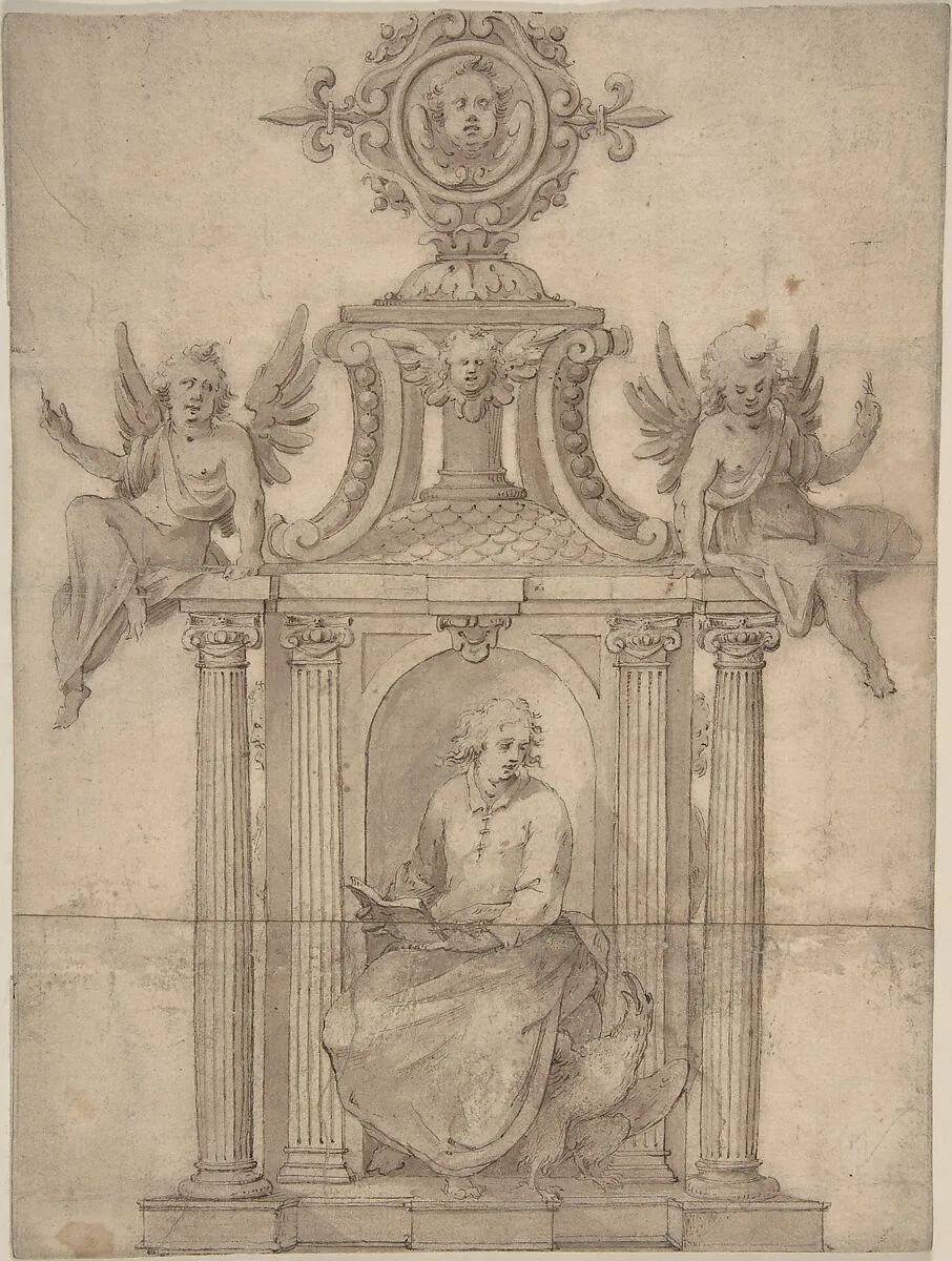 Ornamental Drawing, with St. John the Evangelist Seated in a Columned Niche, with Two Putti — Anonymous, Italian, late 16th century