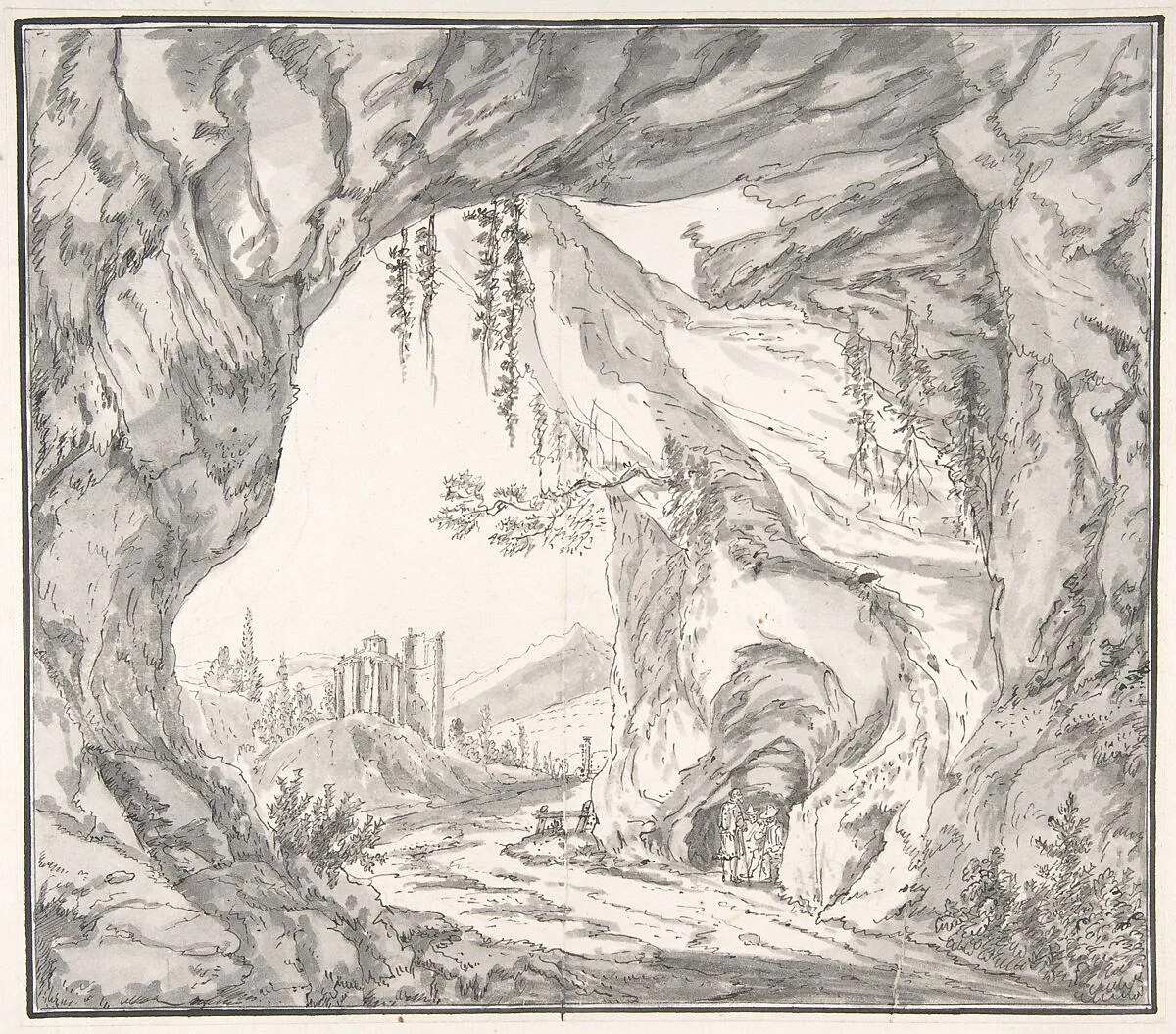 Mountainous Landscape with Ruins of a Castle and Three Men in a Cave, Seen through a Stone Gate — Johann Caspar Huber
