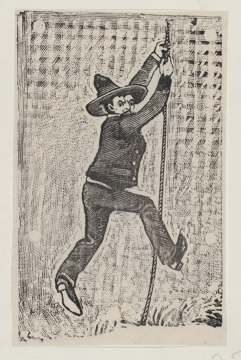 Jesús Bruno Martinez escaping from jail, from a broadside entitled 'La Fuga de Jesús Bruno Martinez de la Gárcel de Belen' — José Guadalupe Posada