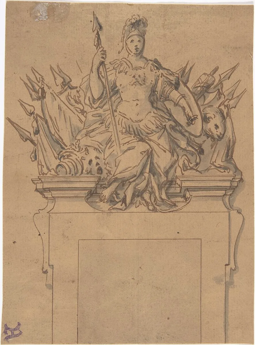 Design for an Overdoor or Chimney Piece with an Armorial Trophy and the Figure of Minerva — Anonymous, French, 18th century