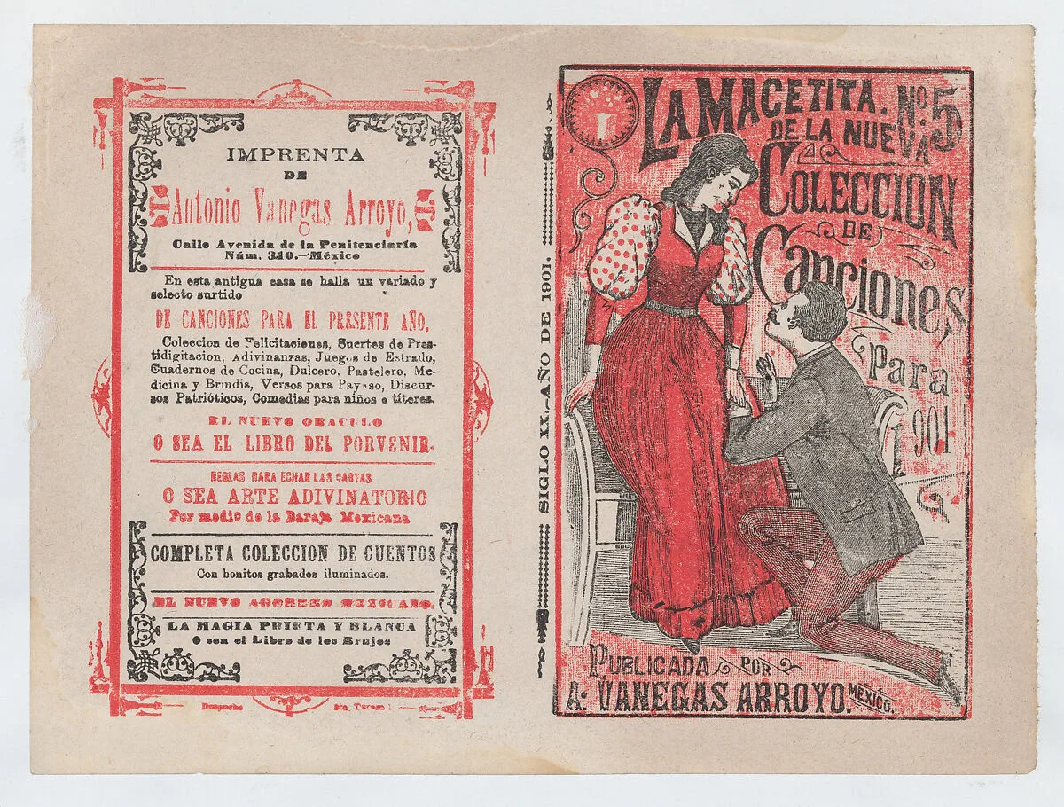 Front and back covers printed on the same sheet for a collection of songs for the year 1901 (number 5), a man on his knees before a woman — José Guadalupe Posada|Antonio Vanegas Arroyo