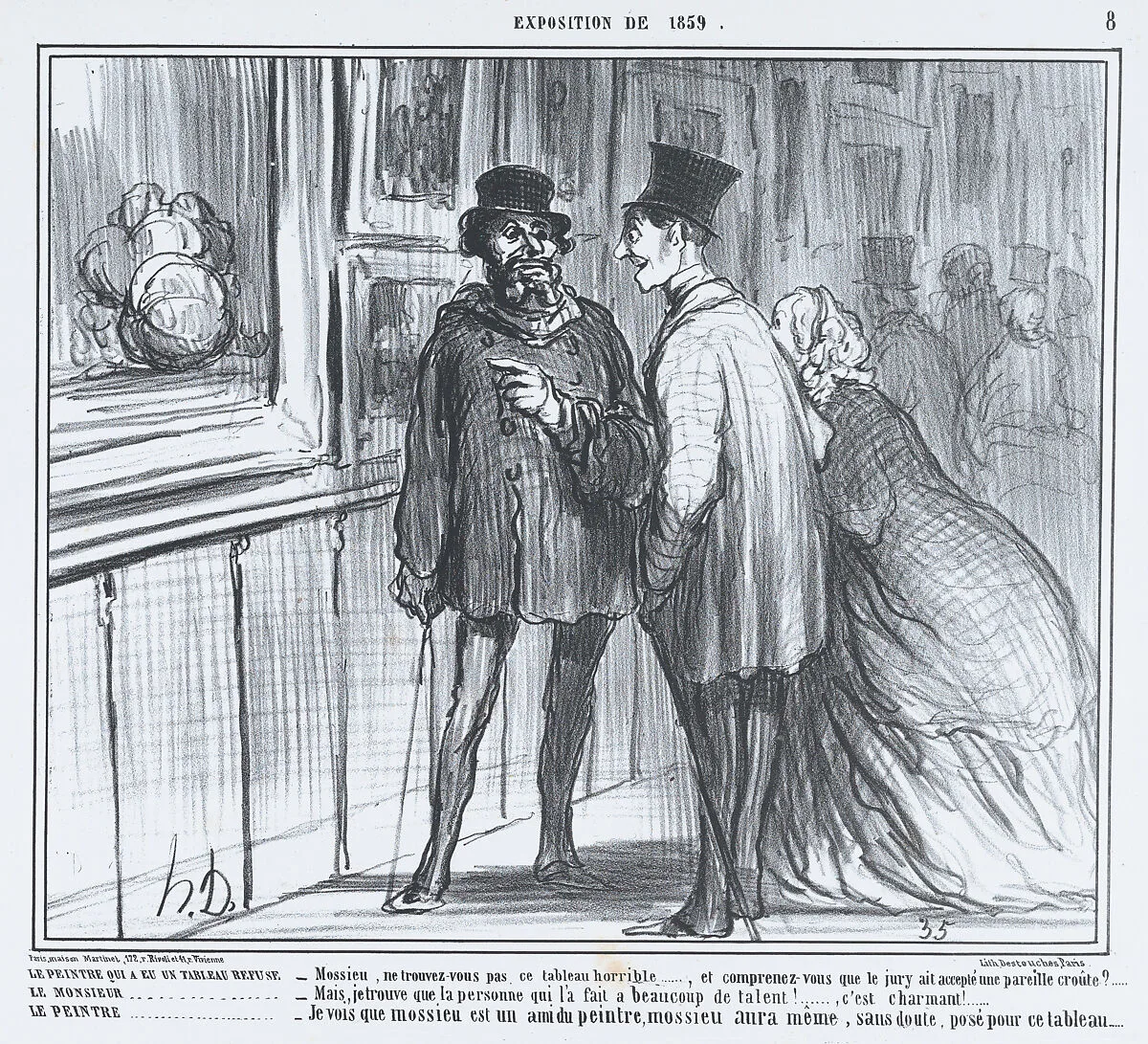 La peintre qui a eu un tableau refuse, from L'Exposition de 1859, published in Le Charivari, April 27, 1859 — Aaron Martinet|Honoré Daumier|Destouches