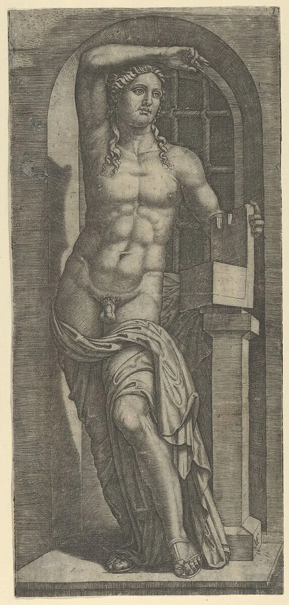 Apollo partly naked standing in a niche, left hand resting on an open box — Marcantonio Raimondi