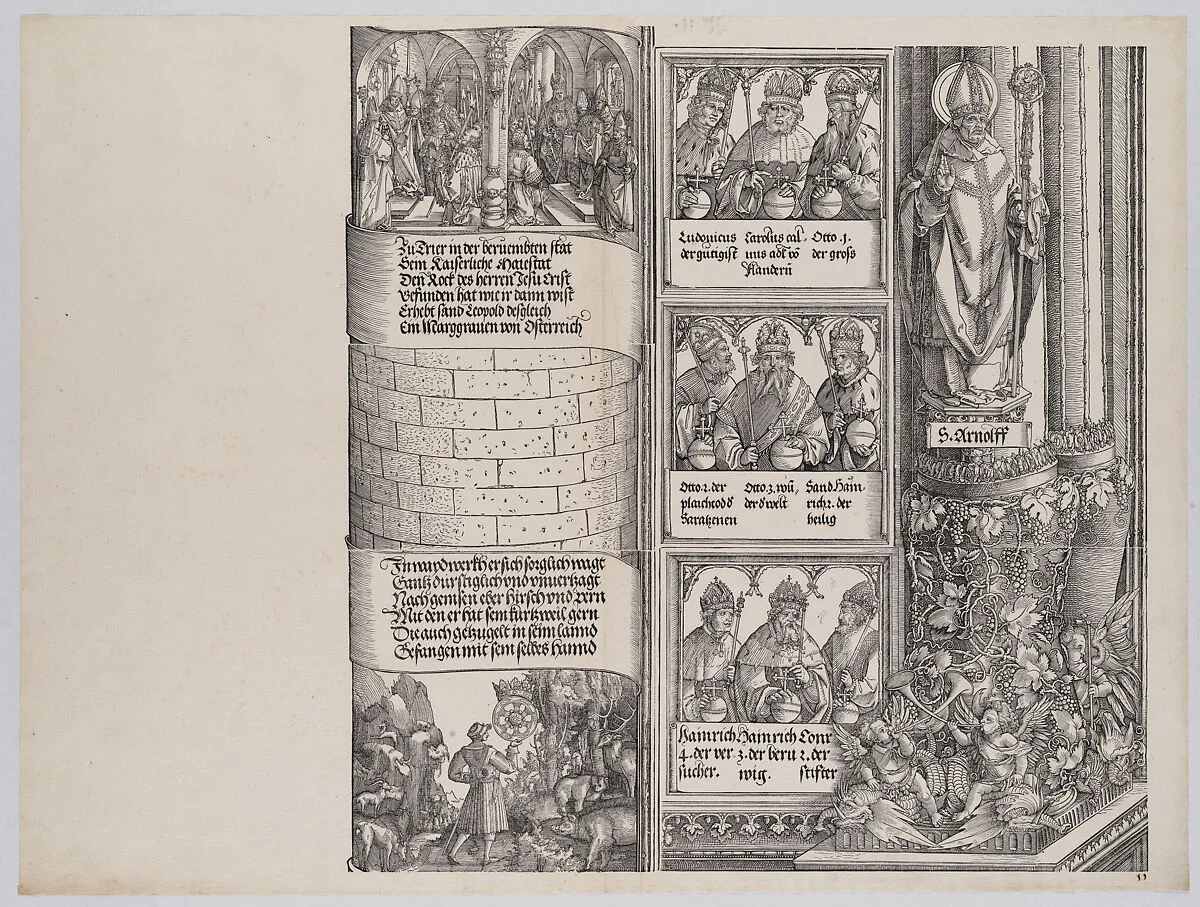 Maximilian's Prowess in the Chase; and The Legend of the Holy Coat of Treves; with Portraits of Emperors and Kings (Maximilian's Forerunners), from the Arch of Honor, proof, dated 1515, printed 1517-18 — Hieronymus Andreae|Albrecht Altdorfer|Wolf Traut|Hans Springinklee|Albrecht Dürer