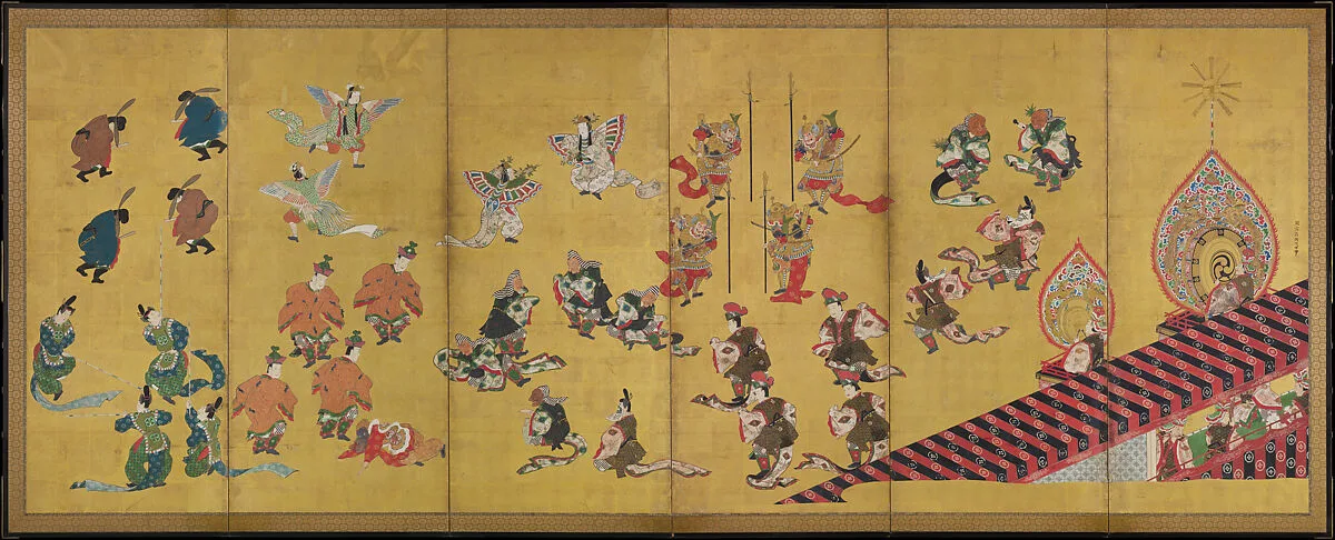 舞楽図屏風 ・唐獅子図屏風|Bugaku Dances (front); Chinese Lions (reverse) — Hanabusa Itchō
