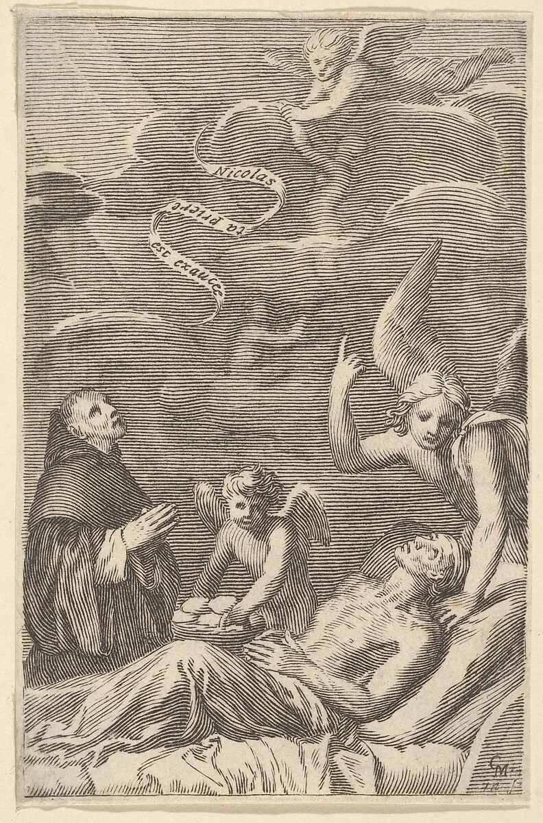 St. Nicolas Praying for a Dying Man — Claude Mellan