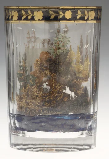 Dog chasing a rabbit in a landscape with dacha and hut