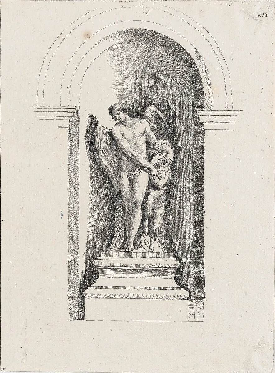 Standing male angel looking down to left and holding a ram; allegory of Summer; after a bas-relief on the Fontaine des Quatre-Saisons (Paris) — Edme Bouchardon|Anonymous, French, 18th century