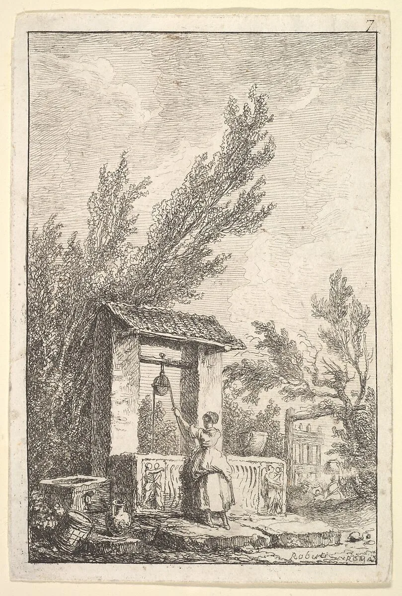 Plate 7: The Well: a young woman in center, seen from behind, drawing water from a well that is decorated with reliefs from an ancient sarcophagus, from "Les soirées de Rome" — Hubert Robert
