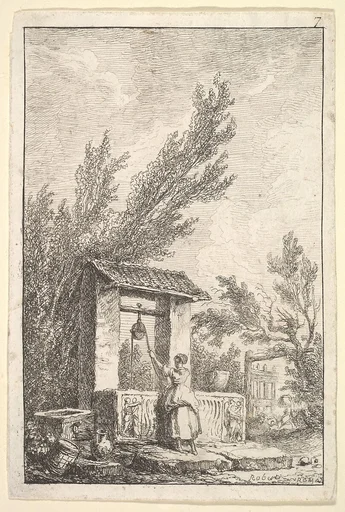 Plate 7: The Well: a young woman in center, seen from behind, drawing water from a well that is decorated with reliefs from an ancient sarcophagus, from "Les soirées de Rome"