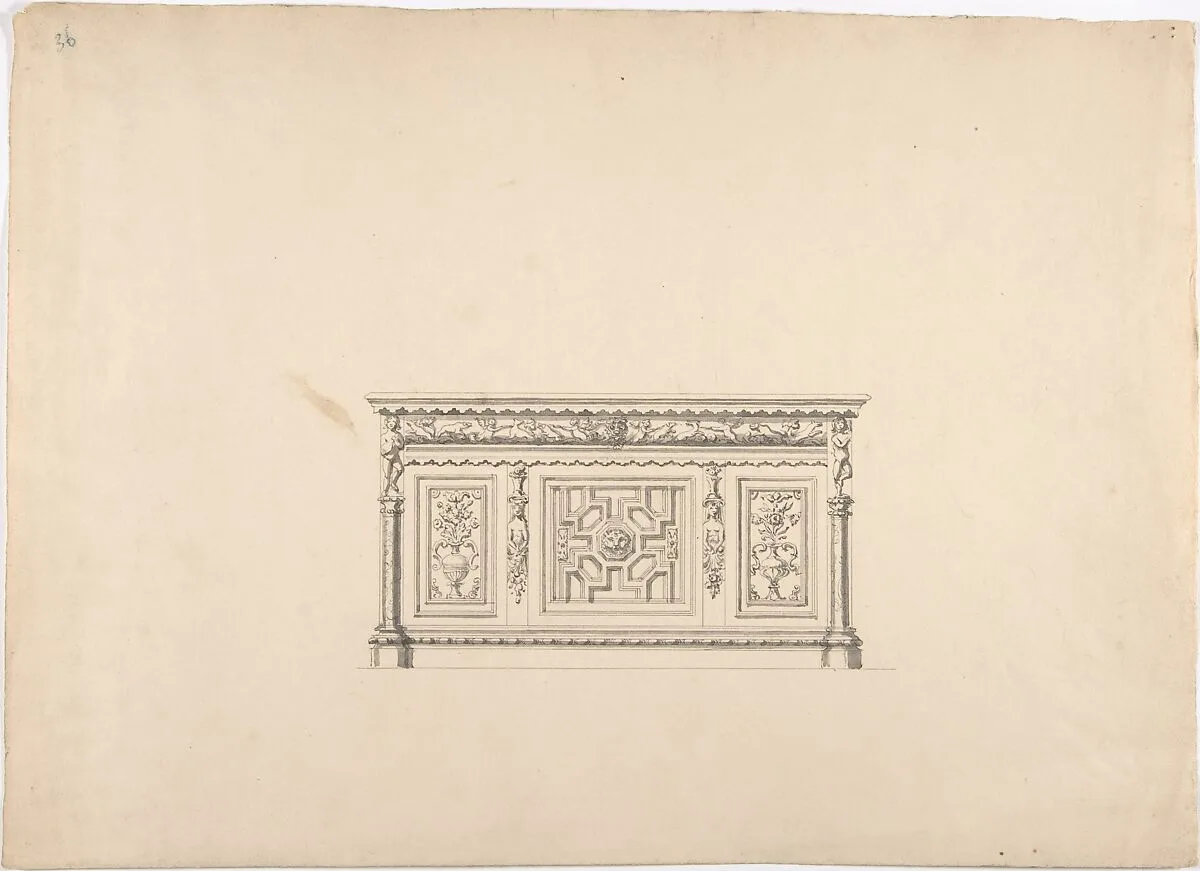 Design for a Renaissance Style Carved Cabinet — Anonymous, British, 19th century