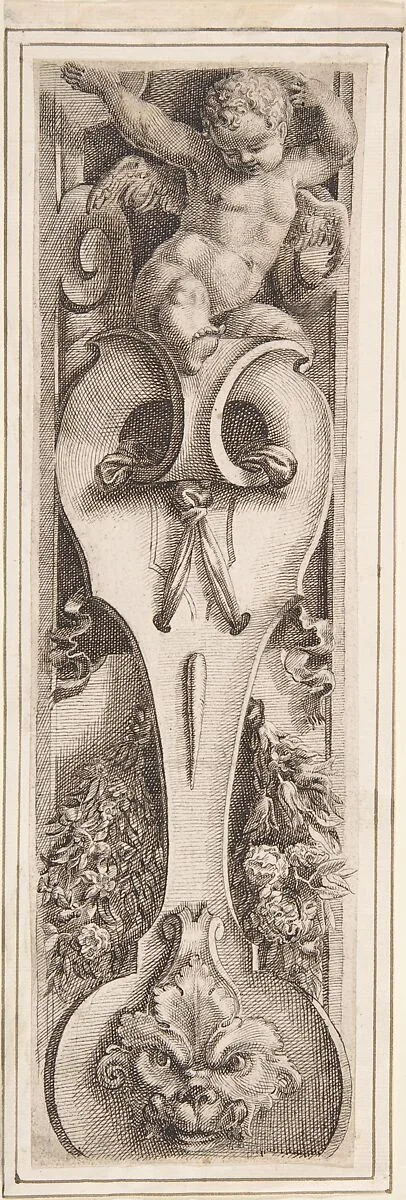 Ornamental Border with a Putto, Scroll, Mask, and Floral Garland — Anonymous, Italian, 17th century
