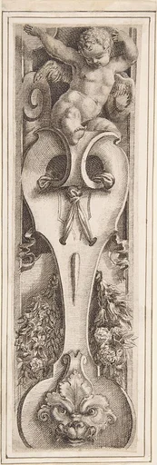 Ornamental Border with a Putto, Scroll, Mask, and Floral Garland