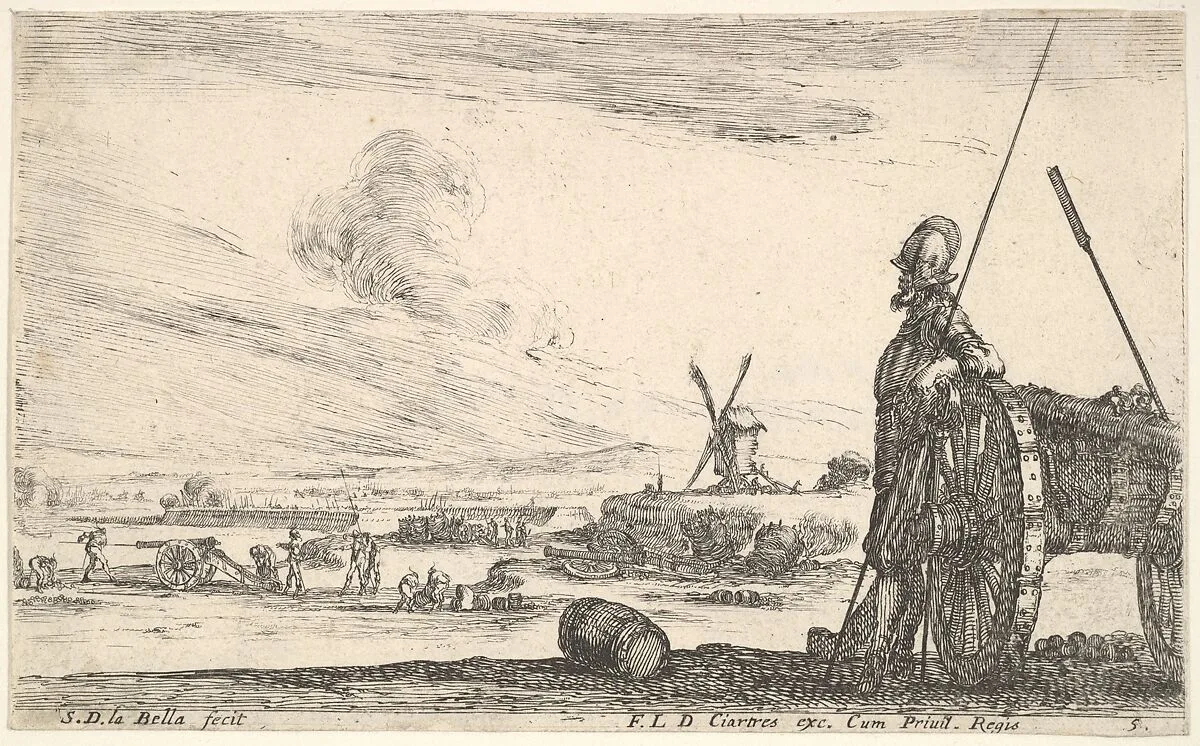 Plate 5: A Pikeman standing at right next to a canon, other military figures in the background, from 'Various Military Caprices' (Varii capricci militari) — Stefano della Bella|François Langlois