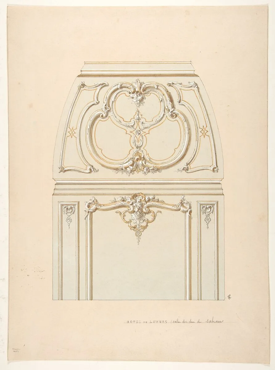Design for Rococco-style wall and cove ornament in the salon of the Hotel de Luynes, owned by the Duc de Sabran — Jules-Edmond-Charles Lachaise|Eugène-Pierre Gourdet|Duc de Sabran