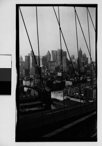 [Manhattan Skyline with Brooklyn Bridge Cables, New York City]