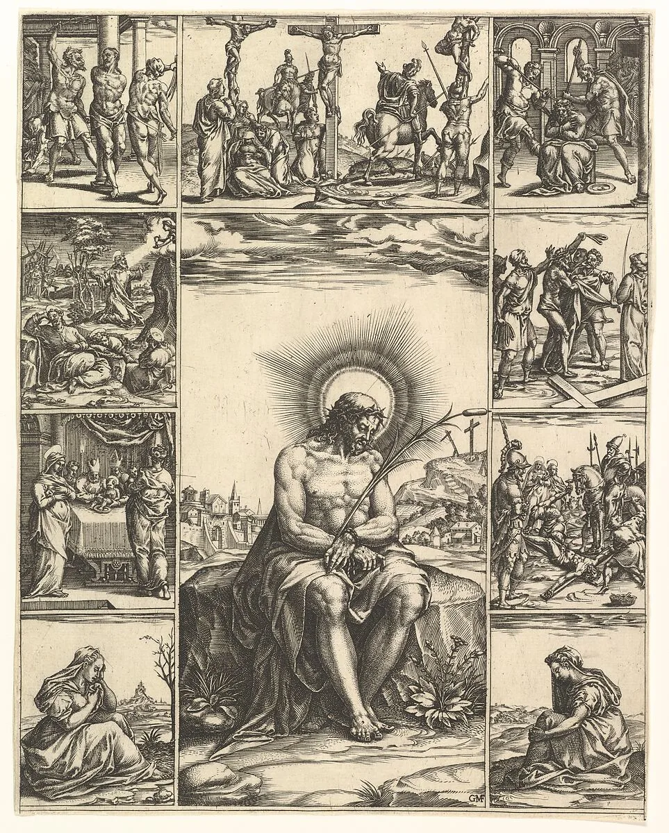 The Man of Sorrows; an image of Christ surrounded by nine vignettes depicting scenes of the Passion — Giorgio Ghisi
