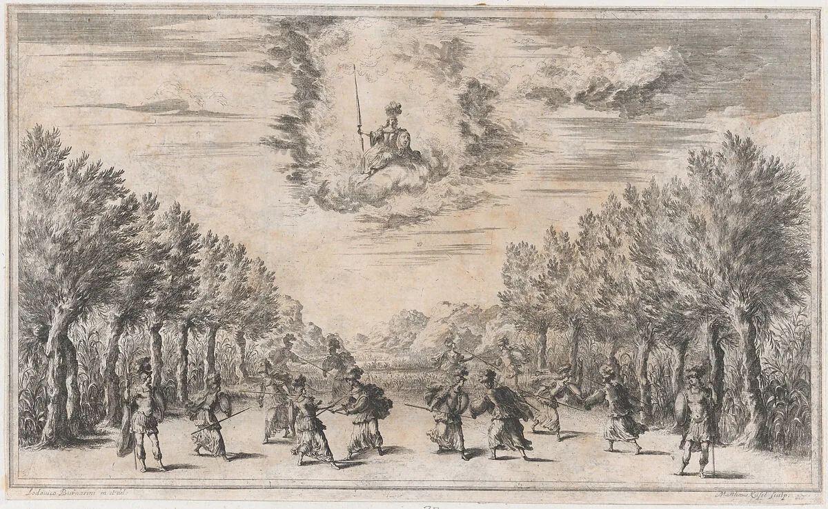 Marsh of Triton; figures battling as Minerva looks on from above; set design from 'Il Pomo D'Oro' — Ludovico Ottaviano Burnacini|Mathäus Küsel