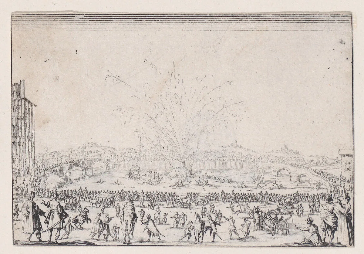 Le Feu d'Artifice sur l'Arno (Fireworks on the Arno), from Les Caprices Series A, The Florence Set — Jacques Callot|Lorenzo de' Medici