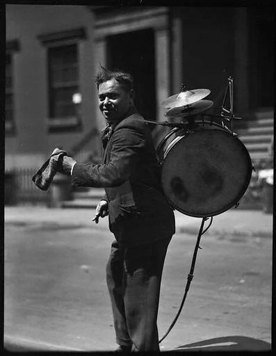 [One-Man Band Street Musician, Possibly Bethune Street, New York City]