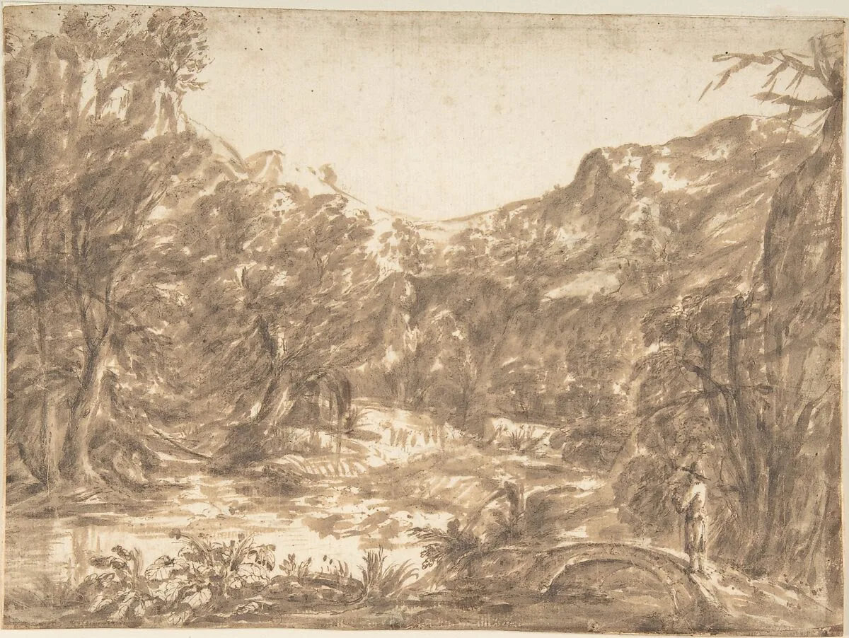 Landscape with Figure Standing on a Bridge — Anonymous, Italian, Roman-Bolognese, 17th century