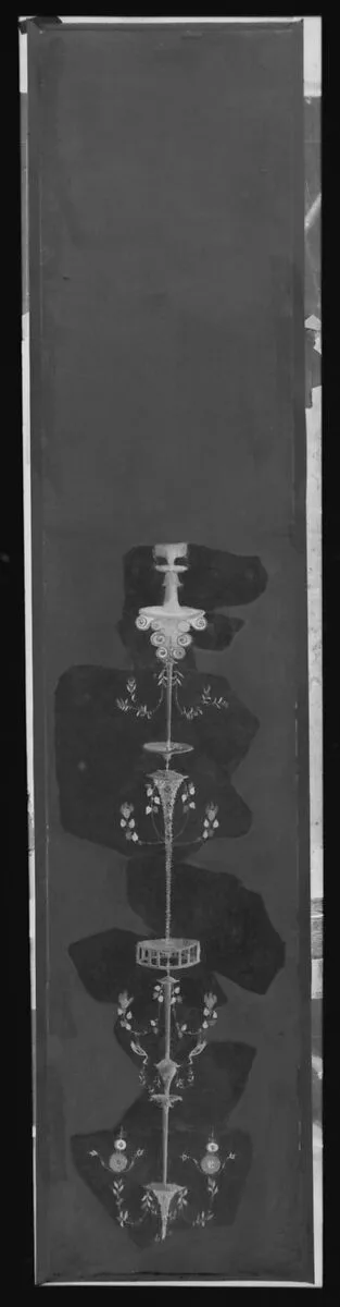 Wall painting on white ground: fragment with candelabrum, from the imperial villa at Boscotrecase — Unknown
