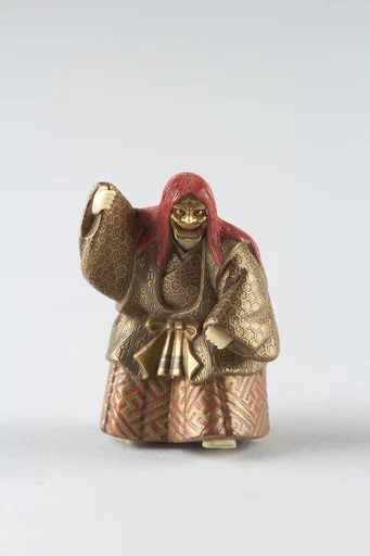 石橋能舞蒔絵根付　銘:寿玉|Netsuke of Shakkyō Dancer
