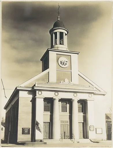 [Victorian Architecture: Federal Style Church with Doric Columns and Placard Reading "1667"]