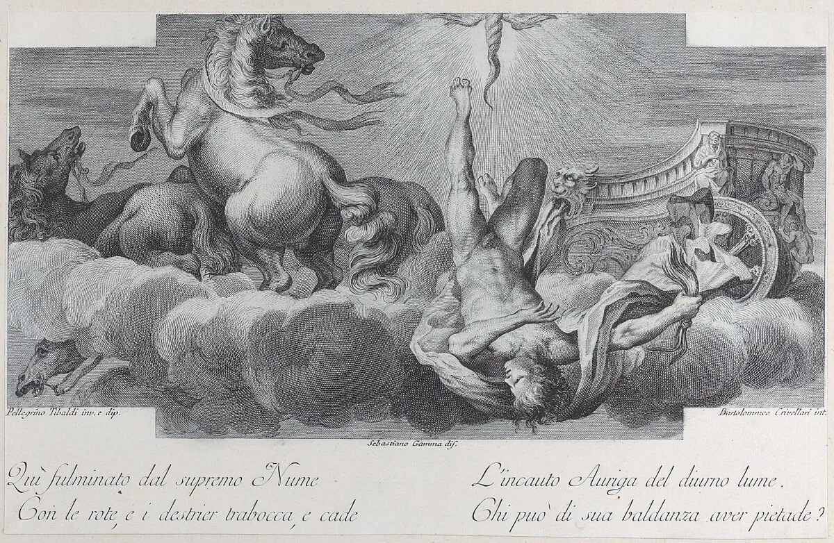 Plate 34: Auriga, the charioteer, falls from the chariot at center, with three horses at left — Pellegrino Tibaldi|Sebastiano Gamma|Bartolomeo Crivellari|Giampietro Zanotti