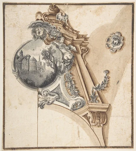Decoration over an Arch with a Landscape Scene in a Round Compartment