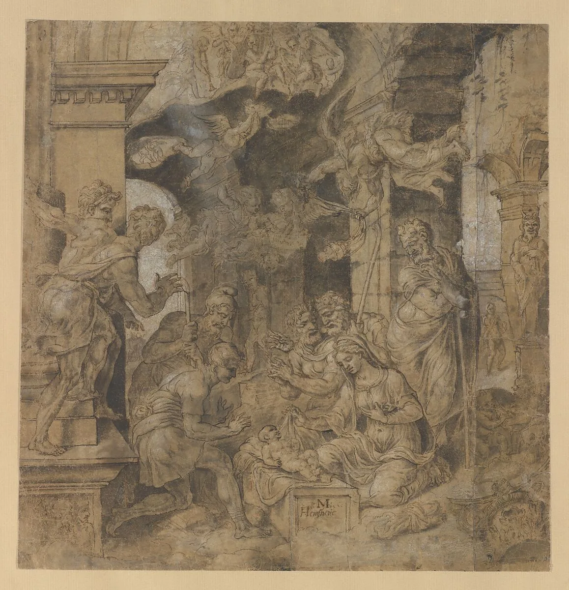 The Adoration of the Shepherds; verso: Sketches — Maarten van Heemskerck