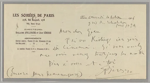 Documents concerning Parade: [Letter from Picasso to Cocteau]