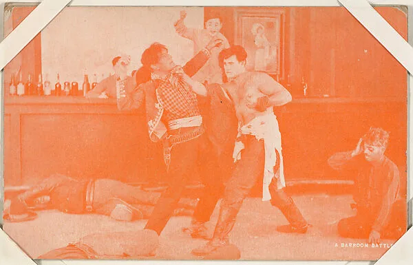 A barroom battle from Western Stars or Scenes Exhibit Cards series (W412) — Unknown