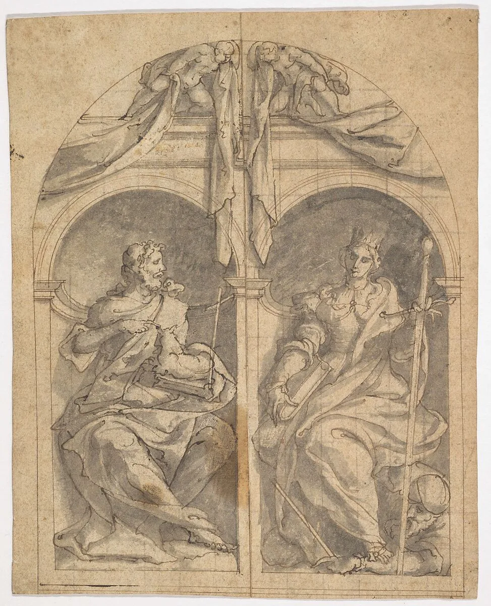 Two Wings of an Altarpiece depicting Saints John the Baptist and Catherine in Niches Surmounted by Angels — Jan van Scorel