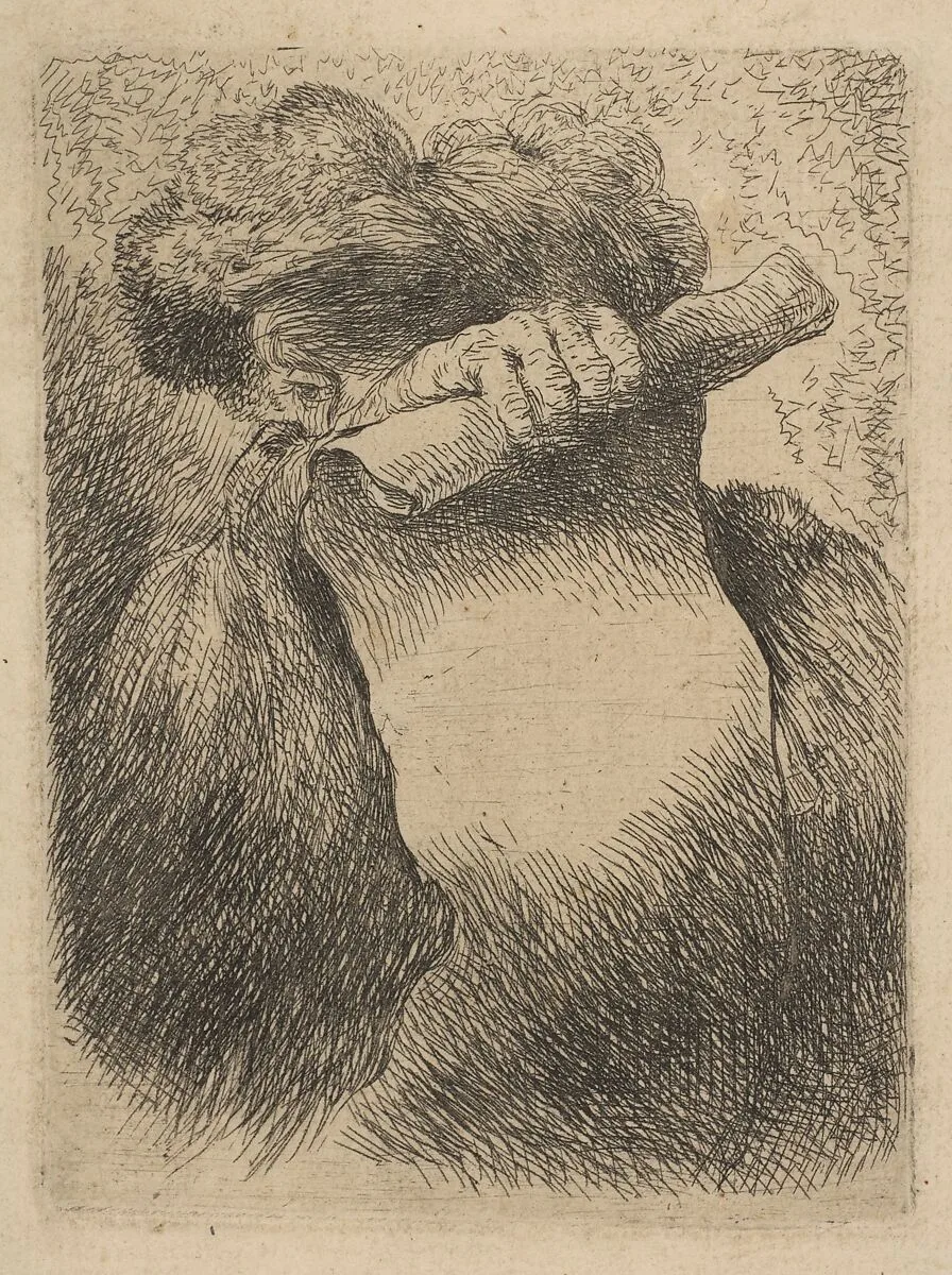 Man holding a scroll in front of his face, from "Small Heads in Oriental Headdress" — Giovanni Benedetto Castiglione (Il Grechetto)