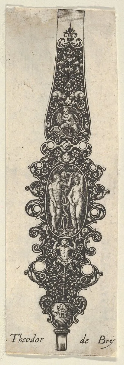 Pendant Design with Adam and Eve, from Des Pendants de Cleffs pour les Femmes — Johann Theodor de Bry